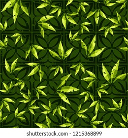 Seamless pattern. Cannabis leaves on symbolic flowers. Editable.