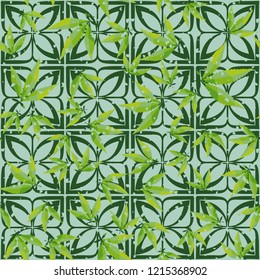 Seamless pattern. Cannabis leaves on symbolic flowers. Editable.