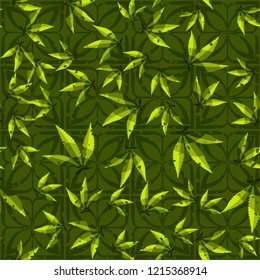 Seamless pattern. Cannabis leaves on symbolic flowers. Editable.