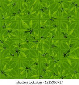 Seamless pattern. Cannabis leaves on symbolic flowers. Editable.