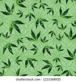Seamless pattern. Cannabis leaves on symbolic flowers. Editable.
