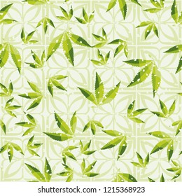 Seamless pattern. Cannabis leaves on symbolic flowers. Editable.