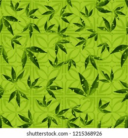 Seamless pattern. Cannabis leaves on symbolic flowers. Editable.