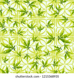 Seamless pattern. Cannabis leaves on symbolic flowers. Editable.