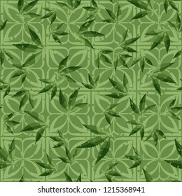 Seamless pattern. Cannabis leaves on symbolic flowers. Editable.