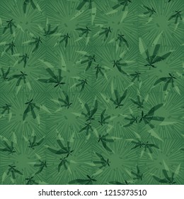 Seamless pattern. Cannabis leaves on a background of square suns. Editable.