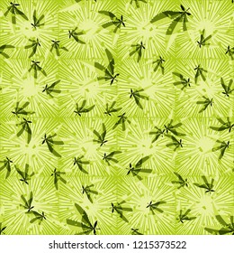 Seamless pattern. Cannabis leaves on a background of square suns. Editable.