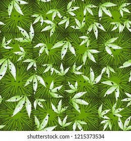 Seamless pattern. Cannabis leaves on a background of square suns. Editable.