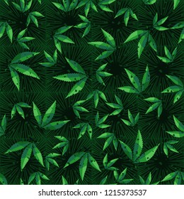 Seamless pattern. Cannabis leaves on a background of square suns. Editable.