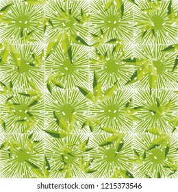 Seamless pattern. Cannabis leaves on a background of square suns. Editable.