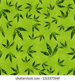 Seamless pattern. Cannabis leaves on a background of square suns. Editable.