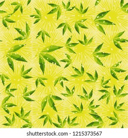 Seamless pattern. Cannabis leaves on a background of square suns. Editable.
