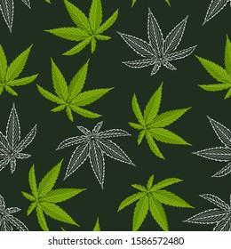 Seamless pattern with Cannabis leaves on dark background. Cartoon green leaves and white outline. Vector illustration of hemp leaf in flat style.