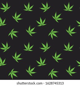Seamless pattern with cannabis leaves on black background. Vector background