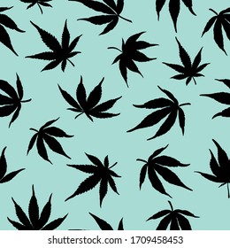 Patrón transparente de hojas de cannabis en un fondo azul. Hojas de cáñamo negras sobre fondo azul C. Ilustración vectorial