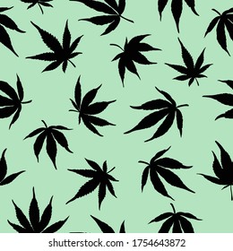 Patrón sin foco de hojas de cannabis en un fondo verde. El cáñamo negro sale sobre un fondo verde. Ilustración del vector