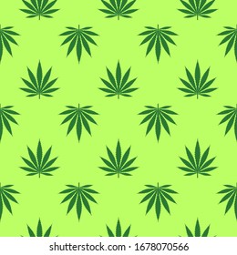Seamless pattern of Cannabis leaves staggered on green background.