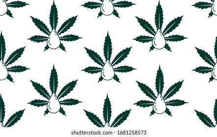 Seamless pattern with Cannabis oil drops and leaves on the white background. Hemp oil. Hand drawn vector illustration