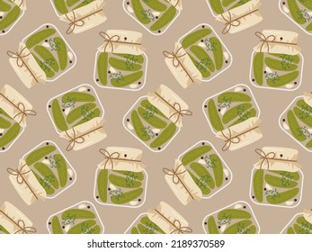 Seamless pattern with Canned cucumber jars. Hand drawn doodle sketch print. Repeated food background for textile, wrapping paper, wallpaper, cover design. Fresh farm vegetables for diet