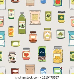 Seamless pattern of canned food. Preserved food in cans, glass jars, metal cans, packs of cereals. Elements of kitchen storage. Hand drawn vector illustration. Isolated on white background.