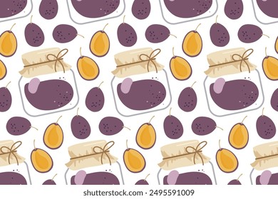Seamless pattern with Canned Plums. Hand drawn Plum Jam, marmalade. Jar with preserved fruits. Repeated Flat vector for menu, wallpaper, wrapping paper, packing, textile. Farmers market, Vegan food.