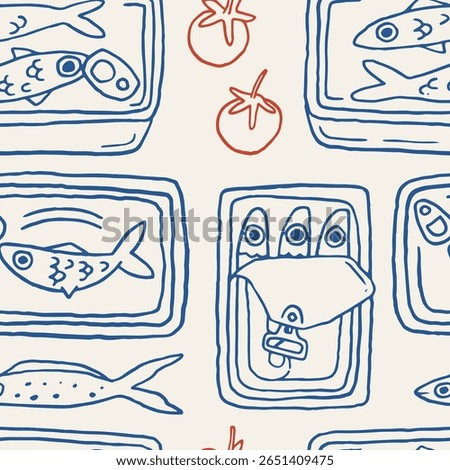 Seamless pattern with canned sardines illustrations in vintage style. Hand-drawn coastal kitchen background sardines fish, tomatoes in red and blue. Summer vector retro seafood wallpaper design.