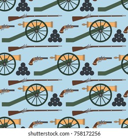 Seamless pattern with cannons, smoothbore rifles and pistols. Can be used for graphic design, textile design or web design.