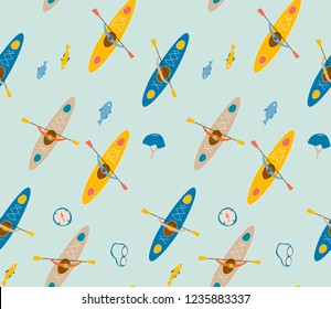 Seamless pattern with canoe, kayak, boats, fishes , flat modern style shirt, print, stamp, badge, tee. Vintage typography design with kayaker and fisher silhouette. Water Extreme sport.