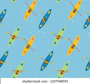 Seamless pattern with canoe, kayak, boats, fishes , flat modern style shirt, print, stamp, badge, tee. Vintage typography design with kayaker and fisher silhouette. Water Extreme sport.