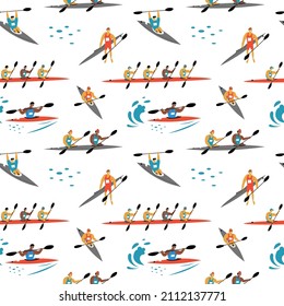 Seamless pattern with canoe sprint sports athletes. Repeat ornament with kayaking elements.