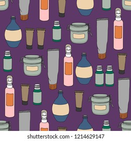 Seamless pattern with cans, bottles and vials