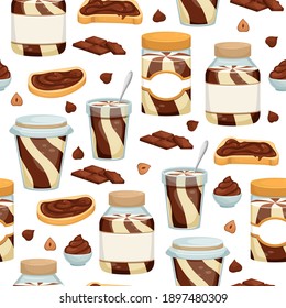 Seamless pattern with cans of chocolate paste, sandwiches, chocolate and nuts. Sweet sandwich with chocolate paste.