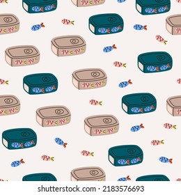 Seamless pattern with cans of sardines. Canned goods anchovies, tinned tuna. Fish preserves in metal can. Conserved seafood in closed sealed container. Cats food.