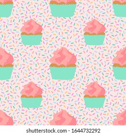 Seamless pattern with capcakes and confetti