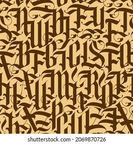 Seamless pattern of capital Gothic letters. Repeating background with brown medieval Latin letters on a beige backdrop. Vector texture of english alphabet letters. Wallpaper, wrapping paper, fabric