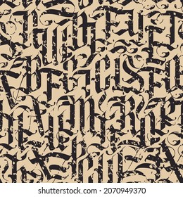 Seamless pattern of capital Gothic letters in grunge style. Abstract background with black ornate Latin letters on a beige. Vector texture of english alphabet letters.Wallpaper, wrapping paper, fabric