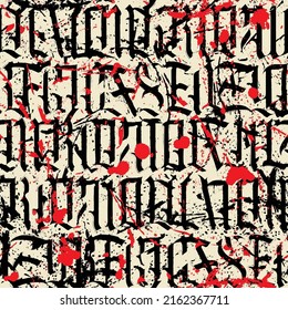 Seamless Pattern Of Capital Gothic Letters. Repeating Background With Medieval Latin Letters. Vector Texture Of English Alphabet Letters. Splatter Of Ink And Blood. Wallpaper, Wrapping Paper, Fabric