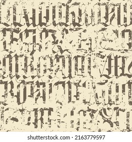Seamless pattern of capital Gothic letters. Repeating background with medieval Latin letters. Vector texture of english alphabet letters. Scratched wall effect. Wallpaper, wrapping paper, fabric