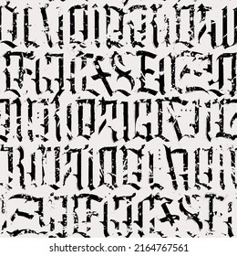 Seamless pattern of capital Gothic letters. Repeating background with medieval Latin letters. Vector texture of english alphabet letters. Splatter of ink. Wallpaper, wrapping paper, fabric
