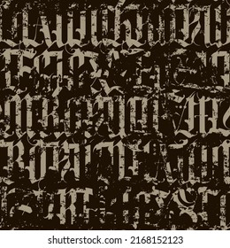 Seamless pattern of capital Gothic letters. Repeating background with medieval Latin letters. Vector texture of english alphabet letters. Scratched wall effect. Wallpaper, wrapping paper, fabric