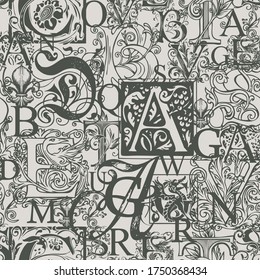 seamless pattern with capital letters and hand-drawn initial letters on light backdrop. Monochrome background with ornate alphabet letters. Suitable for wallpaper, wrapping paper, fabric. Vector