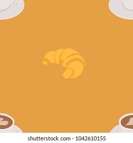 Seamless pattern of cappuccino and croissants on a yellow background