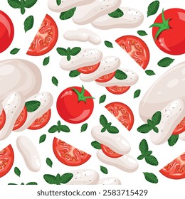 Patrón sin fisuras con ensalada caprese y hojas de albahaca y rebanadas de tomates rojos y tomates enteros, para varios carteles, Anuncios o envases