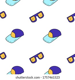 Seamless pattern of caps and sunglasses. Summer decor. Vector pattern