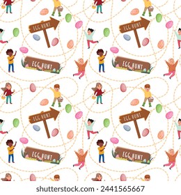 Seamless pattern capturing the joy of Easter Egg Hunts. Happy diverse children, paths dashed with excitement, alongside shields, eggs, and baskets. For textile, paper, wallpaper, backgrounds
