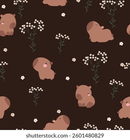Seamless pattern with capybabra and white flowers on black background. Vector illustration.