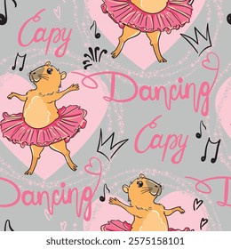 seamless pattern with capybara ballerina, funny seamless pattern for textiles
