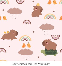 Seamless pattern with capybara, birds, and rainbows. Hand drawn animals and rainbows, cute kids pattern.