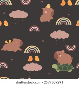 Seamless pattern with capybara, birds, and rainbows on black background. Hand drawn animals and rainbows, cute kids pattern.