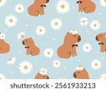Seamless pattern with capybara cartoons and daisy flower on green mint background vector.